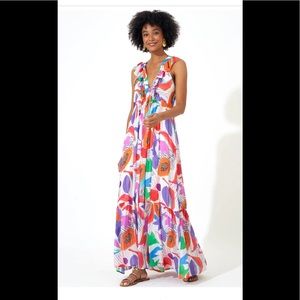 Oliphant Ruffle V Neck Maxi Dress Papaya Orange Silk Sz XXS